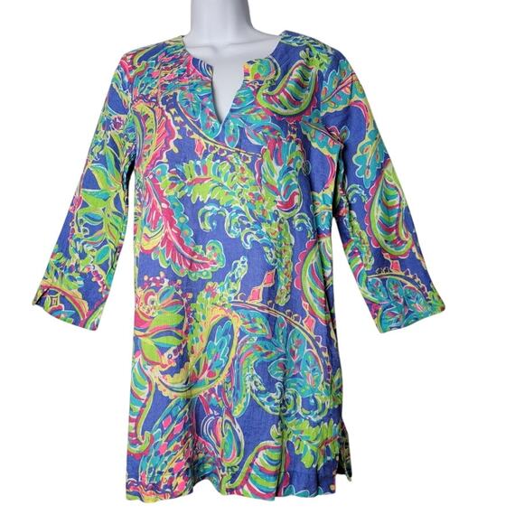 Lilly Pulitzer Dresses & Skirts - Lilly Pulitzer Dress Small Linen 3/4 Sleeve Blue Pink Paisley‎ Print Tunic Dress